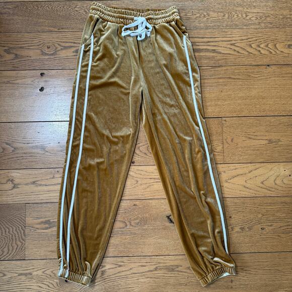 Gold Velour Track Pants SZ L Y2K Dance Streetwear Lounge Cozy Sheen Drawstring - Picture 1 of 6